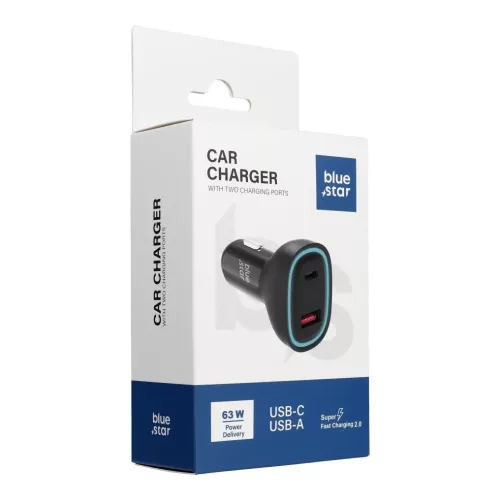 Blue Star autós töltő 3A 63W Type-C + USB-A PD QC3.0