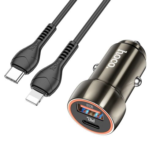 HOCO car charger  USB A + Type C + cable Type C to Lightning PD QC3.0 3A 20W Z46A metal gray