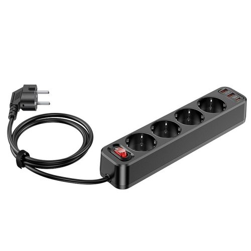 HOCO hálózati szalag 4 bites hosszabbító kábel aljzat + 2 x USB A + C típusú PD QC3.0 3A 20W NS1 fekete