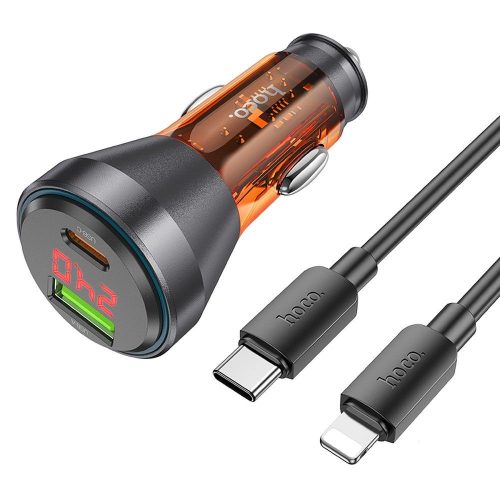 HOCO autós töltő USB A + C típus digitális kijelzővel + kábel C típusú Lightning PD QC3.0 3A 48W NZ12B átlátszó narancssárga színben