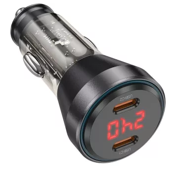   HOCO autós töltő 2 x C típus digitális kijelzővel PD QC3.0 3A 60W NZ12C átlátszó fekete