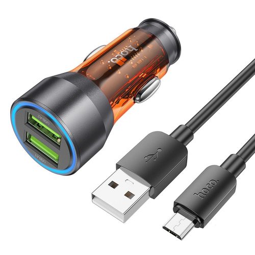 HOCO autós töltő 2 x USB A + kábel USB A - Micro USB QC3.0 3A 36W NZ12 átlátszó narancssárga