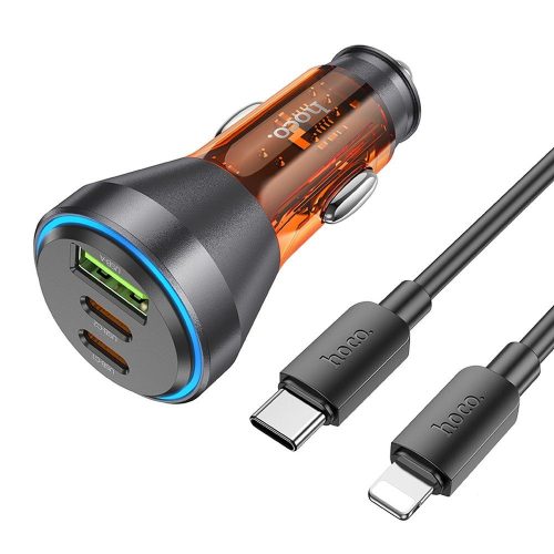 HOCO autós töltő USB A + 2 x C típus + kábel C típus Lightning PD QC3.0 3A 60W NZ12D átlátszó narancssárga