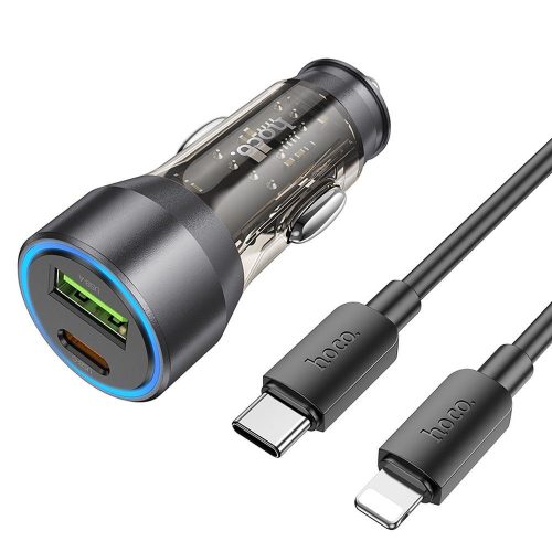 HOCO autós töltő USB A + C típus + kábel C típus do Lightning PD QC3.0 3A 43W NZ12A átlátszó fekete