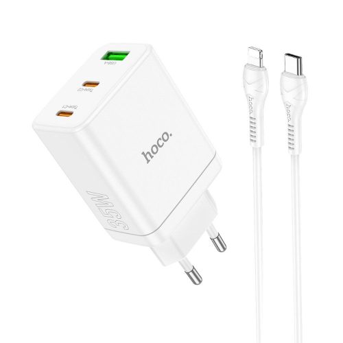 HOCO töltő 2 x Type C + USB A + kábel Type C Lightning PD QC3.0 3A 35W N33 fehér