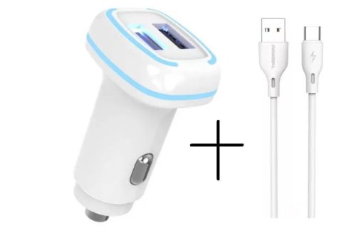 PAVAREAL szivargyújtós töltő 2x USB-A 4.8A + PAVAREAL USB A-USB type C kábel 5A, 1 m (fehér)